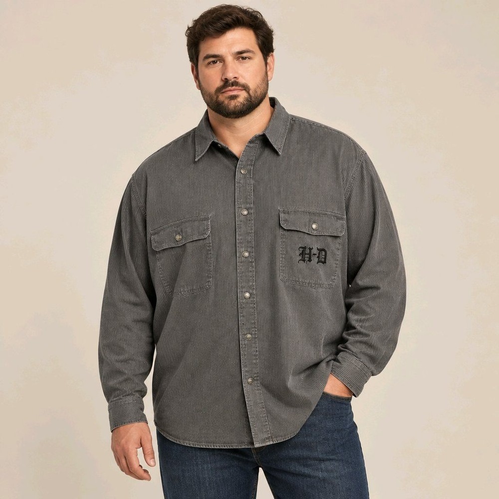 Harley-Davidson 3XL Gray Pinstripe Cotton Button Down Shirt Embroidered Logo